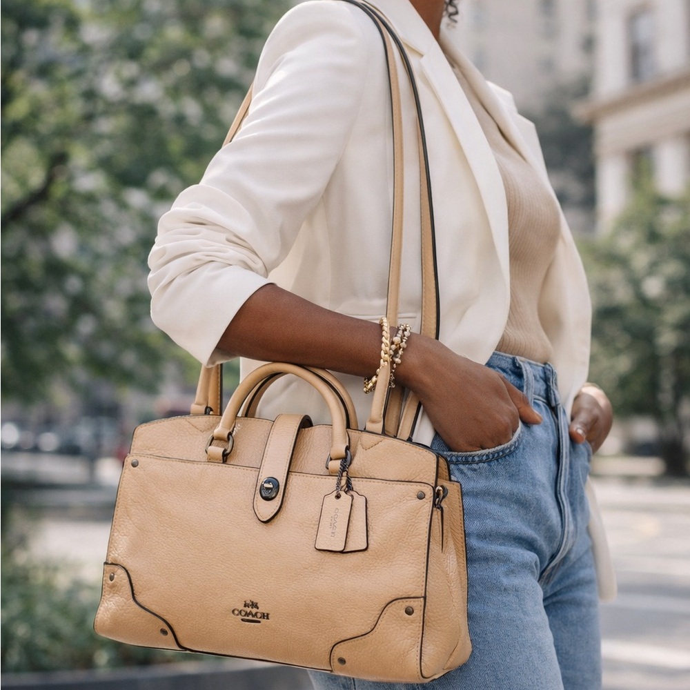COACH Mercer Satchel Shoulder Bag Pebbled Leather Sandalwood Black Crossbody